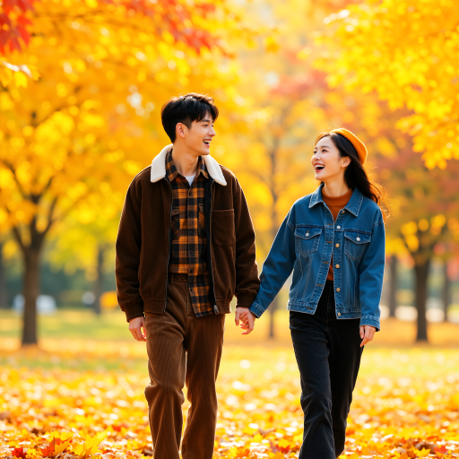 一对中年夫妇合影，穿着休闲装，背景为公园，温馨自然