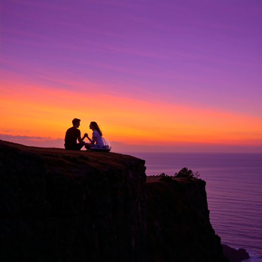 一对年轻恋人合影，穿着情侣装，背景为海边夕阳，浪漫氛围